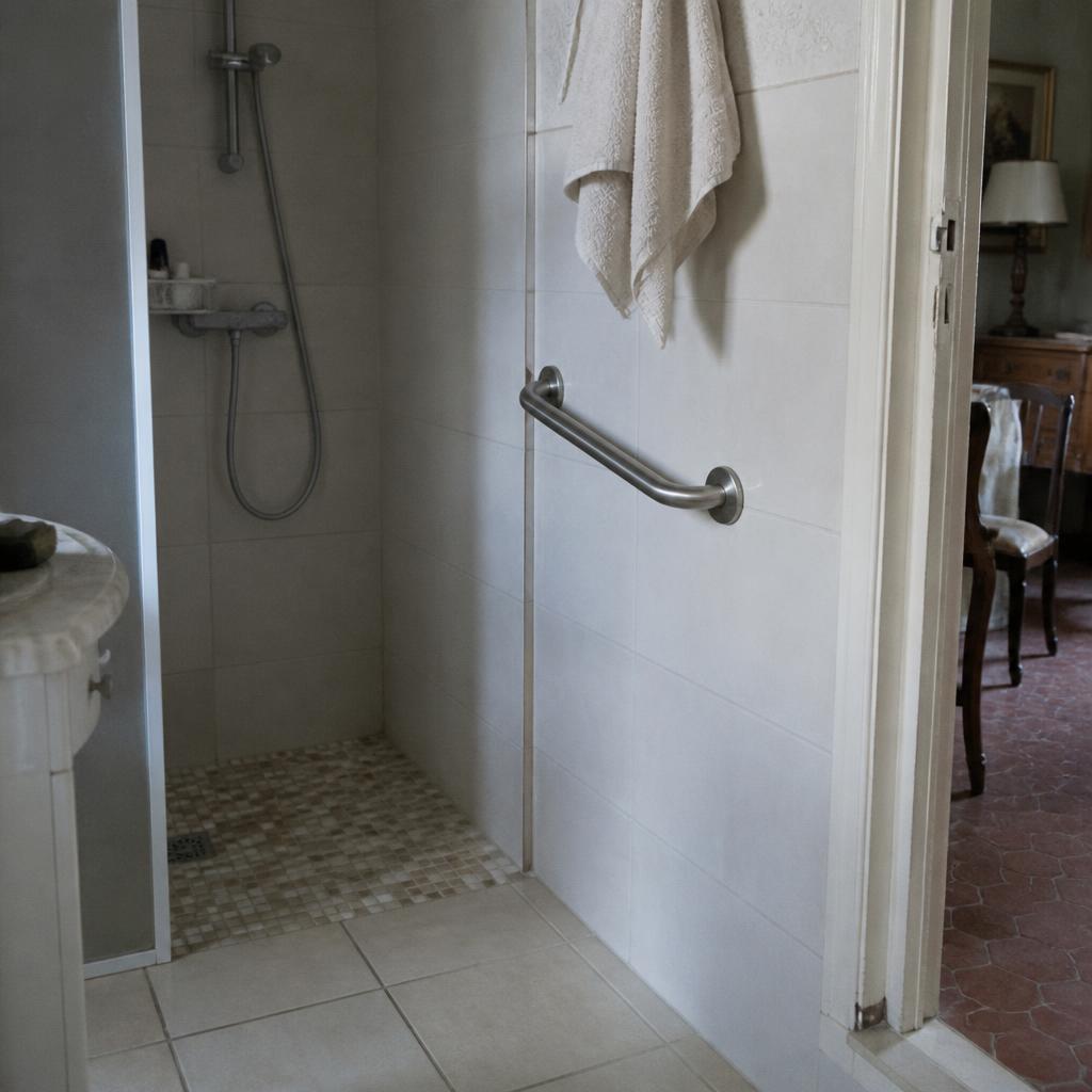 Salle de bain d'un logement ancien adaptée au maintien à domicile : barre d'appui installée près d'une douche sans seuil.