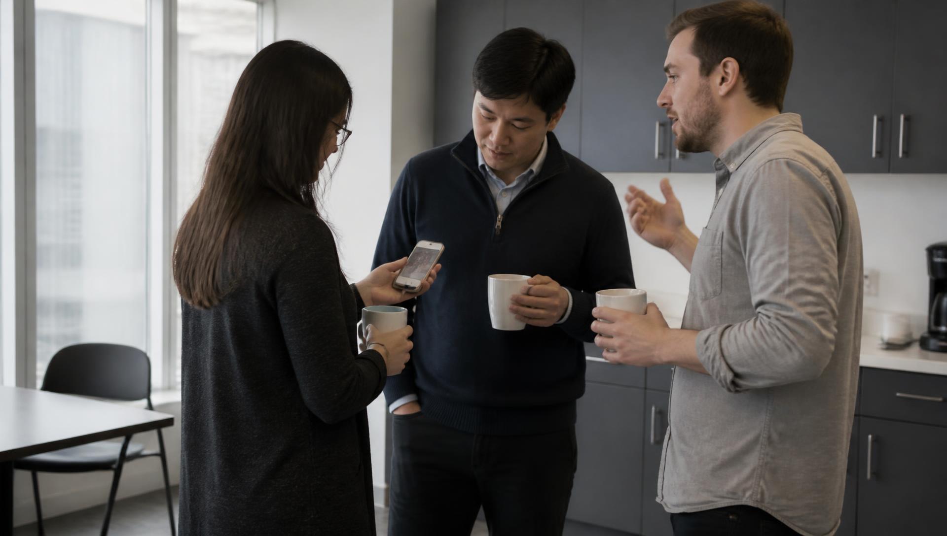Dans un espace de pause de bureau ordinaire, trois collègues debout, tasses à la main, regardent l'écran d'un téléphone et discutent.