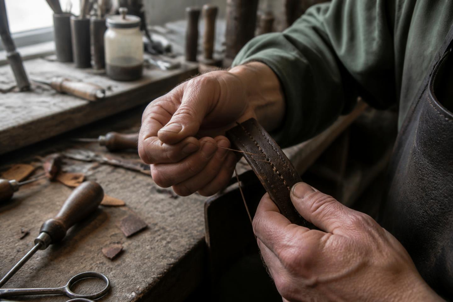 Dans un atelier de maroquinerie, les mains d'un artisan recousant une lanière de cuir usagée sur un établi couvert d'outils.