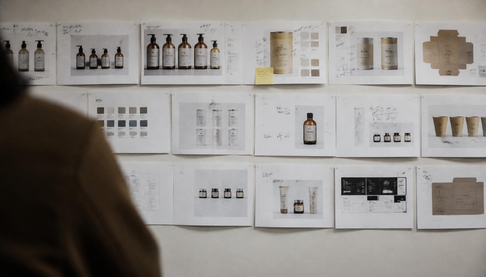 Mur de bureau couvert de planches de concepts et de maquettes de packaging imprimées, épinglées en rangées et annotées à la main.