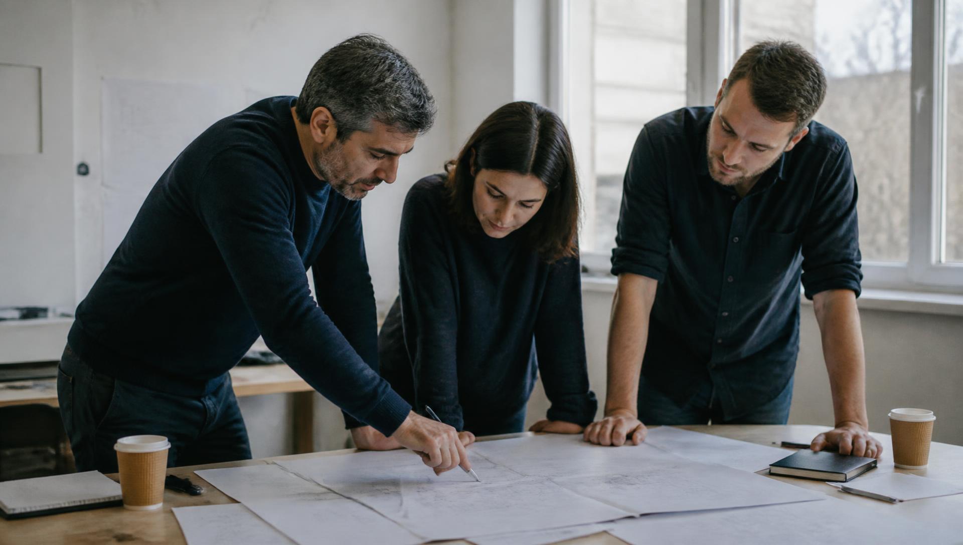 Trois collègues debout autour d'une table, penchés sur un document imprimé et des schémas dessinés à la main, en pleine discussion de travail.
