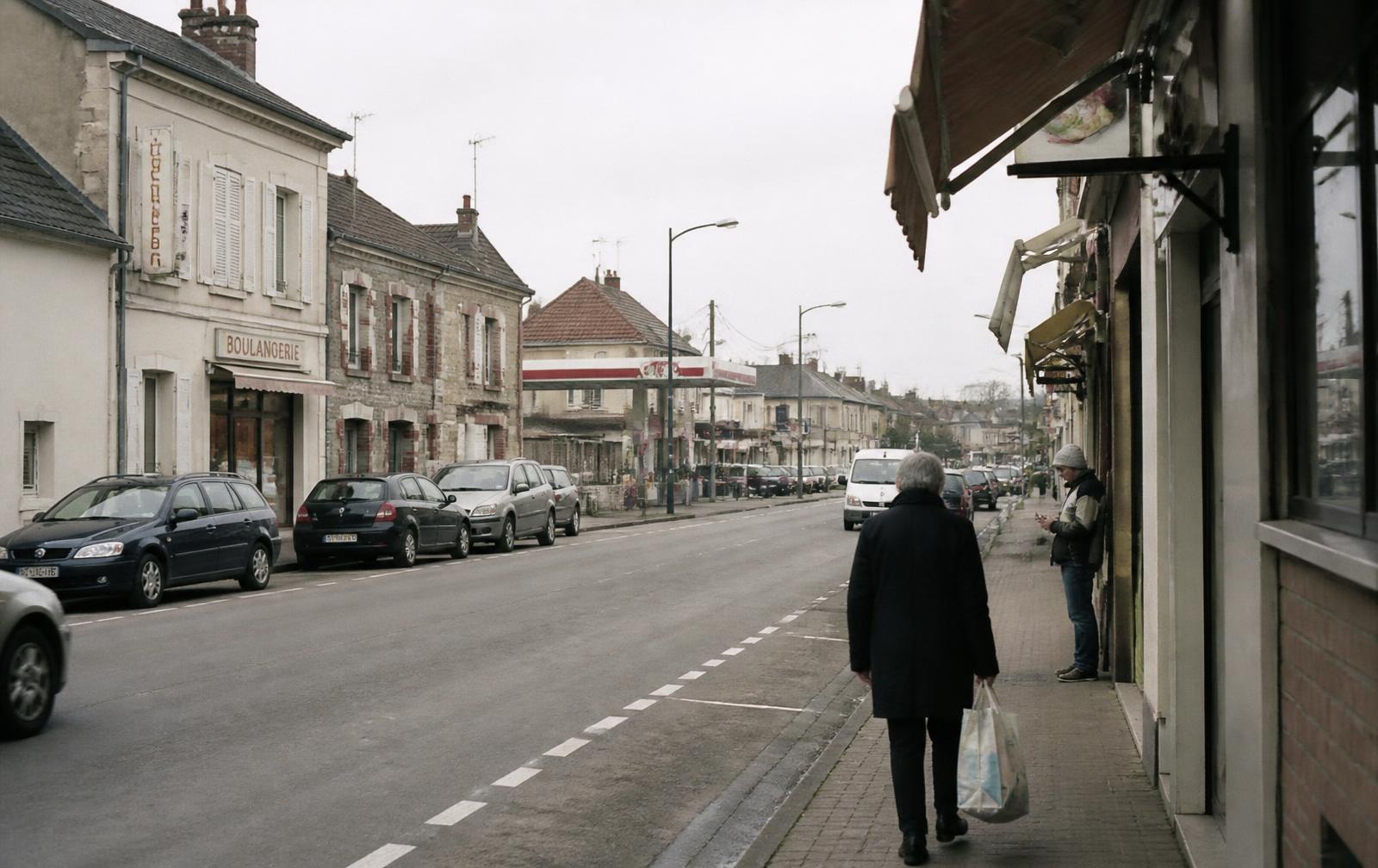 Main street of a small town: modest shops, cars parked along the road, an inconspicuous gas station in the background, a few residents on the sidewalk under an overcast sky.