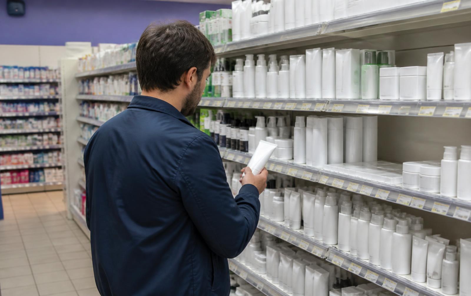 Dans le rayon soin d'une pharmacie, un homme vu de dos tient un tube sans marque lisible devant une étagère de produits similaires.