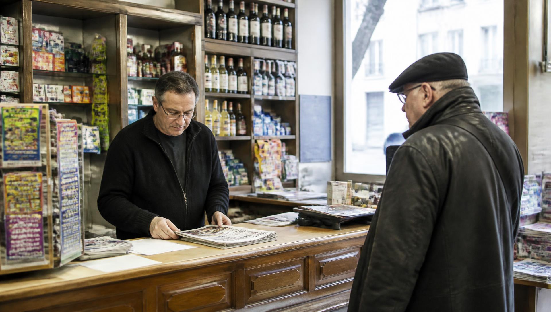 Dans un commerce de proximité, un commerçant derrière un comptoir en bois sert un client venu acheter un journal.
