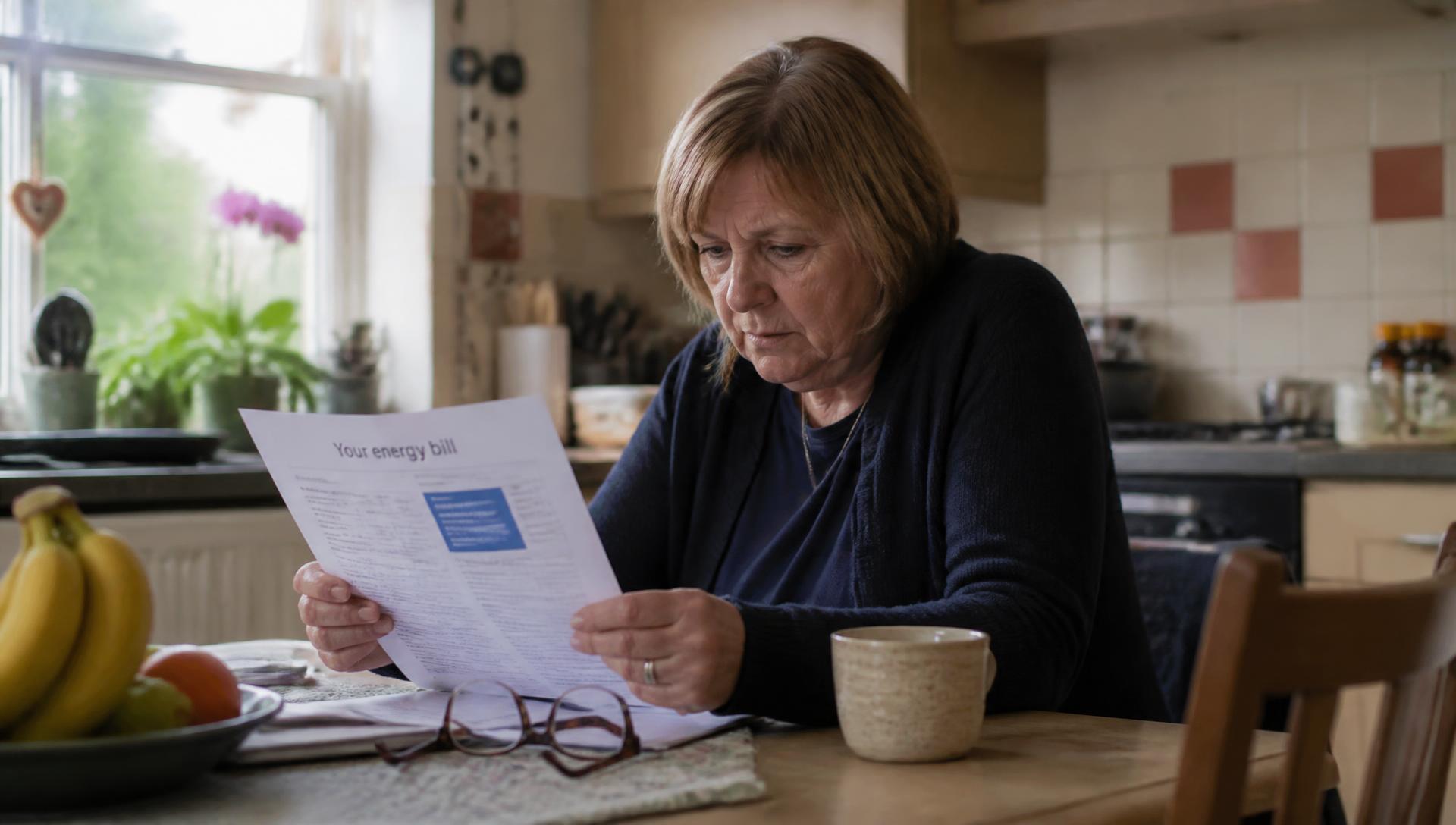 Dans une cuisine, une personne assise à la table lit une facture d'énergie en papier, une tasse et des lunettes posées à côté.