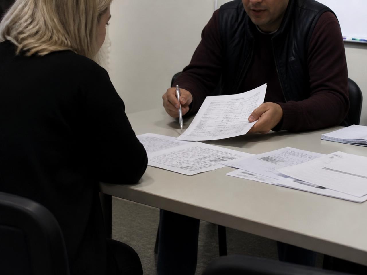 Deux personnes assises de part et d'autre d'une table ordinaire, vues de côté : l'une commente un document imprimé, plusieurs feuillets sont étalés entre elles.
