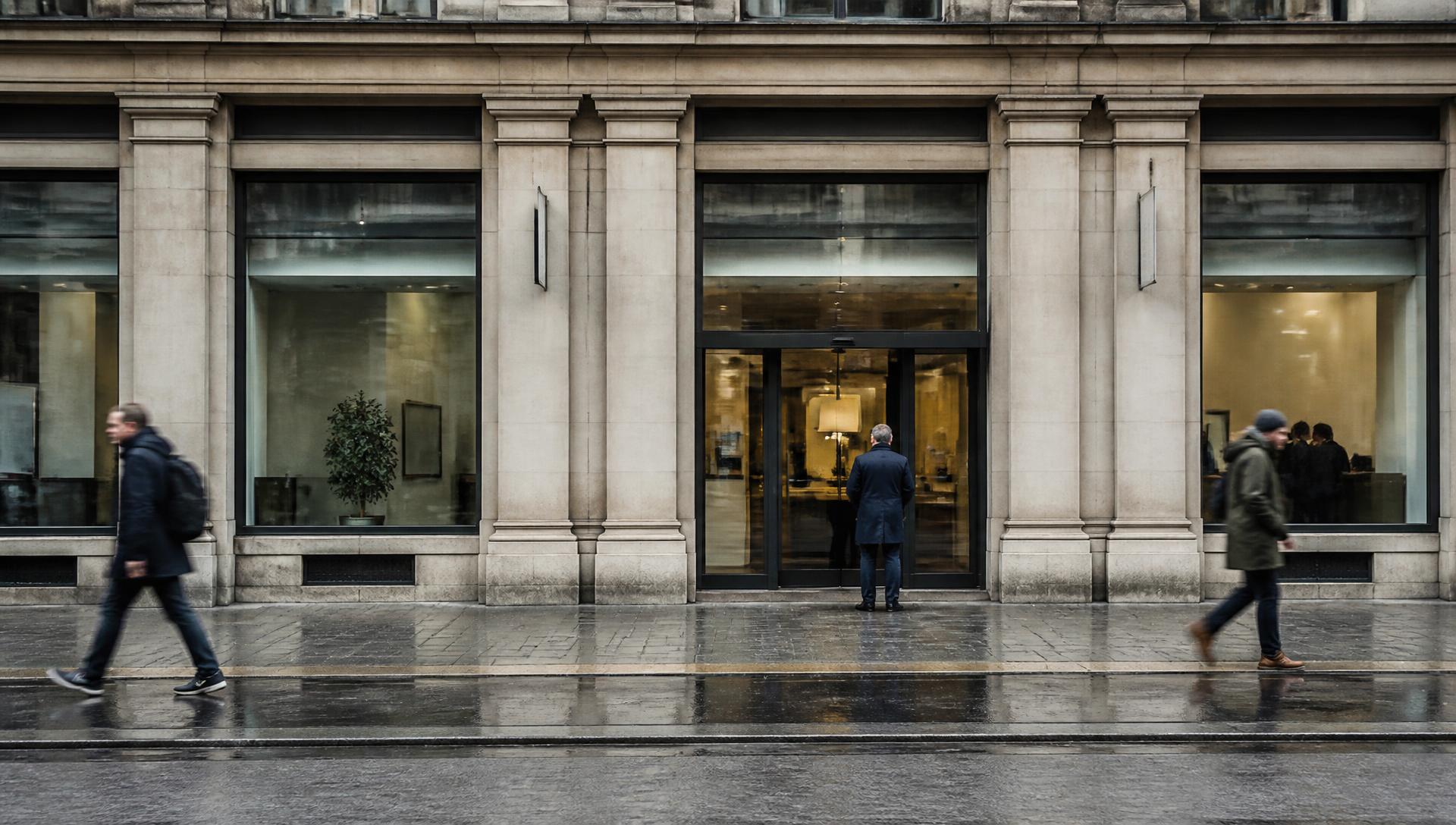 Façade d'une agence bancaire vue depuis la rue, un jour gris, quelques passants sur le trottoir mouillé.