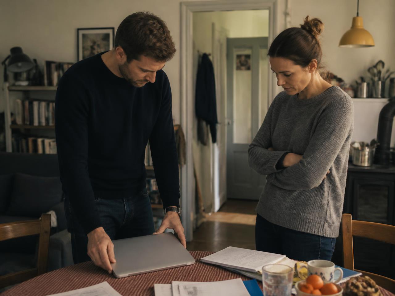 Deux adultes debout dans une pièce de vie ordinaire, l'un refermant un ordinateur portable posé sur la table, des papiers et des tasses autour.