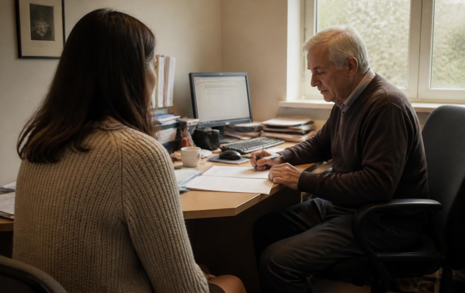 Dans un cabinet médical ordinaire, un patient et un médecin discutent de part et d'autre d'un bureau encombré, vus légèrement de côté.
