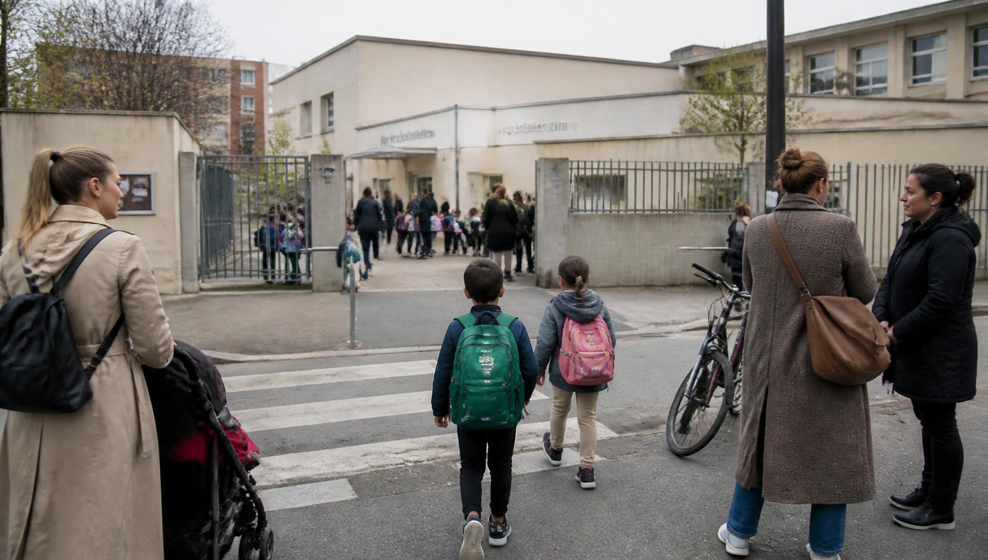 Entrée d'une école primaire publique dans un quartier urbain au moment de l'arrivée : parents et enfants traversant la rue, cartables, un vélo garé, adultes discutant sur le trottoir.