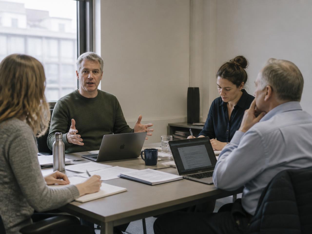 Quatre collaborateurs réunis autour d'une table de travail dans un bureau ordinaire, documents et ordinateurs portables, lumière naturelle, échange en cours.