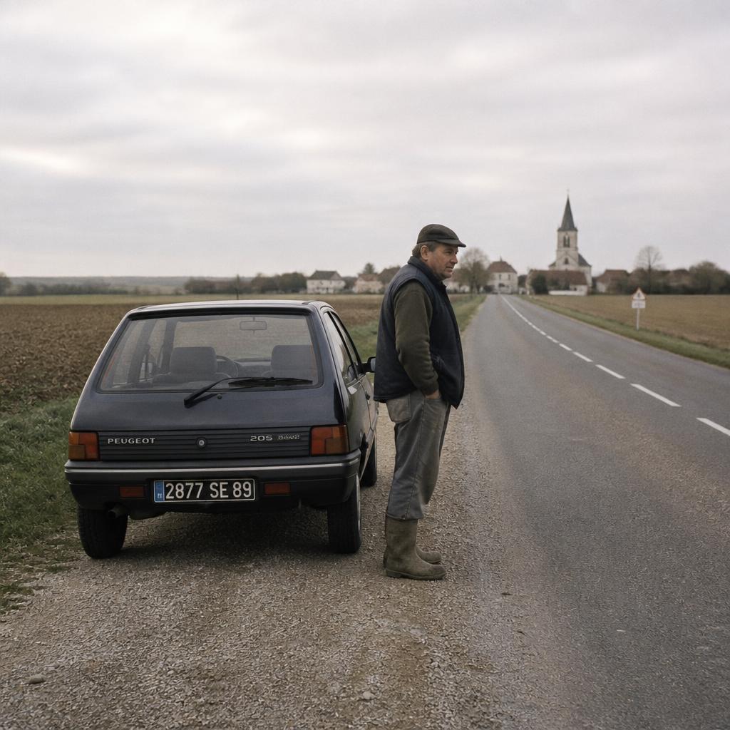 Un actif rural debout à côté de sa voiture, arrêté sur le bas-côté d'une route départementale, un village au loin.