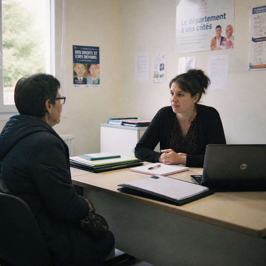 Une allocataire et sa référente assises de part et d'autre d'une table dans un service social municipal, en conversation.