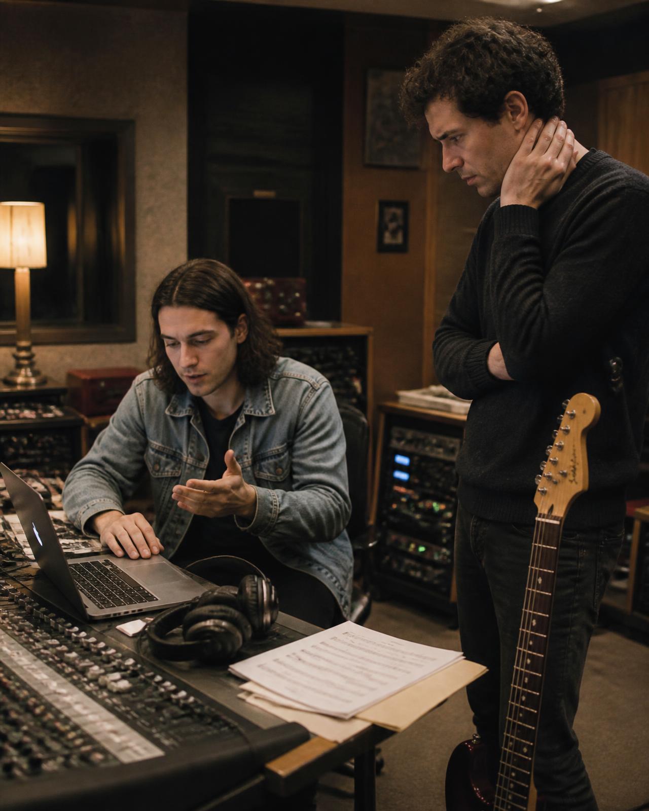 Dans un studio d'enregistrement, deux musiciens travaillent devant une console et un ordinateur portable, partitions, casque et guitare posés à côté ; l'un parle, l'autre écoute, sans regarder l'objectif.
