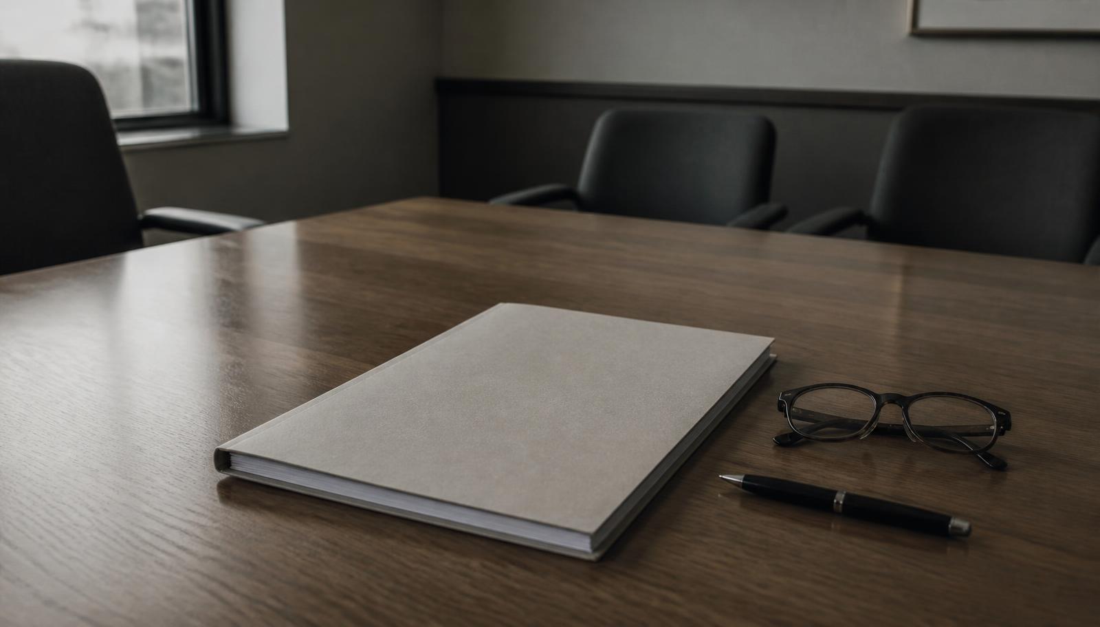 Un rapport d'étude imprimé, couverture sobre sans marque visible, posé sur la table d'une salle de réunion vide, à côté d'un stylo et d'une paire de lunettes.