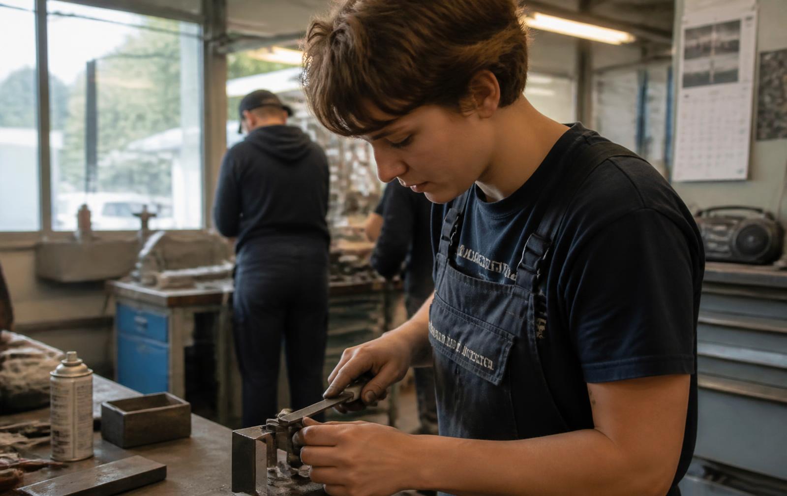 Dans un atelier de formation éclairé par la lumière du jour, une jeune adulte en tenue de travail ajuste une pièce sur un établi, d'autres personnes travaillent en arrière-plan.