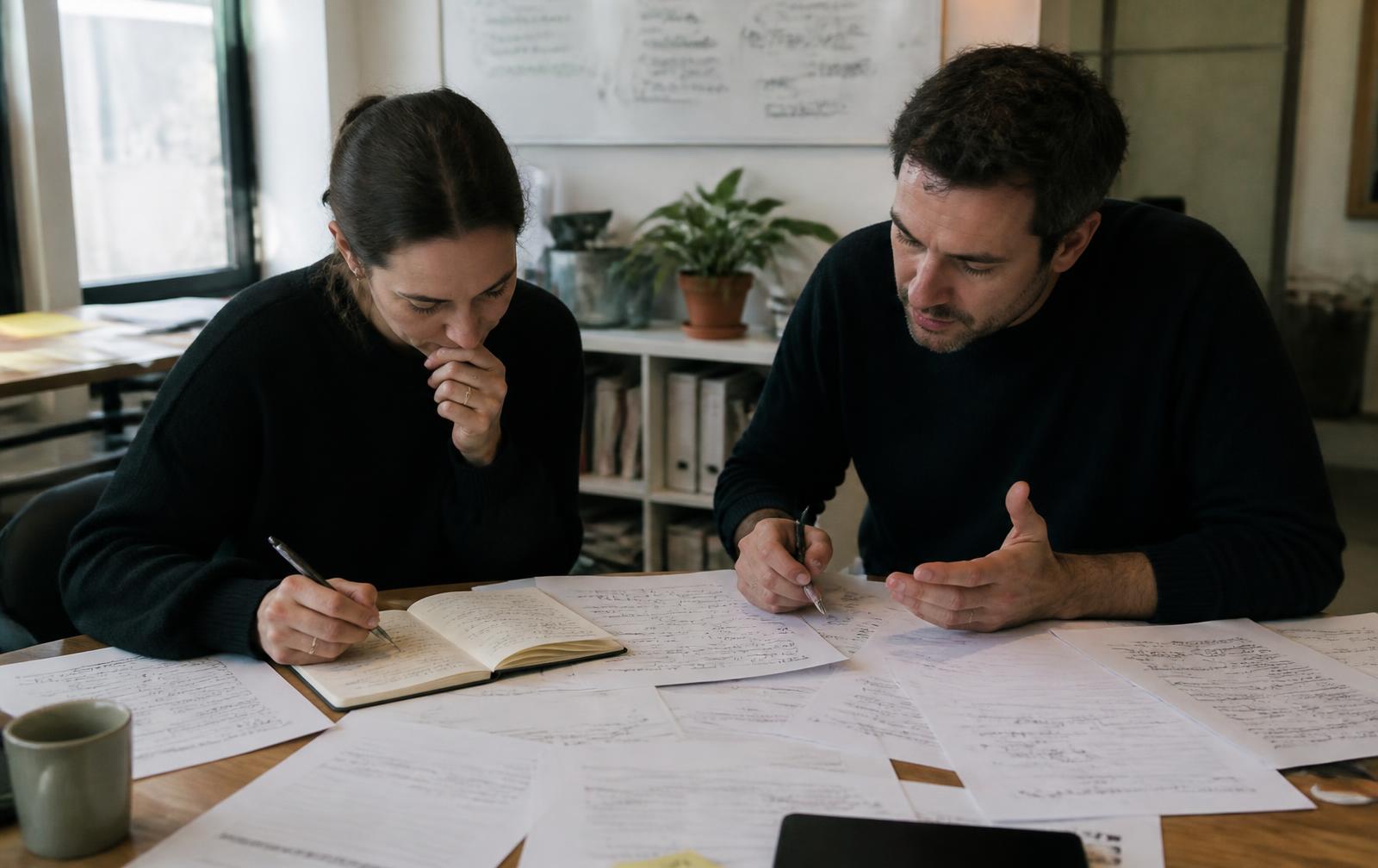 Deux stratèges travaillant à une table couverte de notes manuscrites et de pages annotées, un carnet d'hypothèses ouvert, en discussion, lumière naturelle d'une fenêtre.