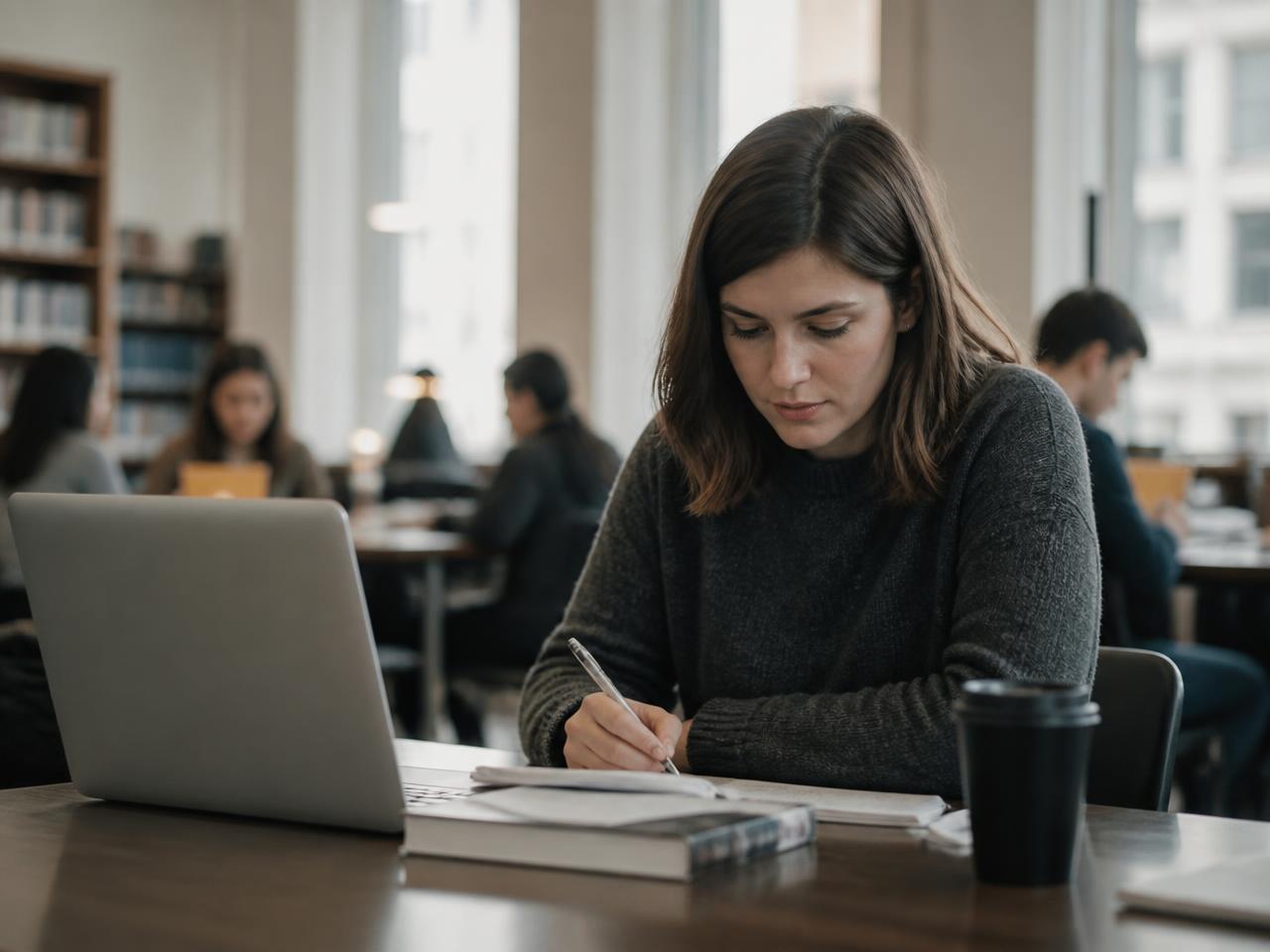 Une personne assise à une table dans une bibliothèque publique, écrivant dans un carnet devant un ordinateur portable, d'autres personnes travaillant en arrière-plan.