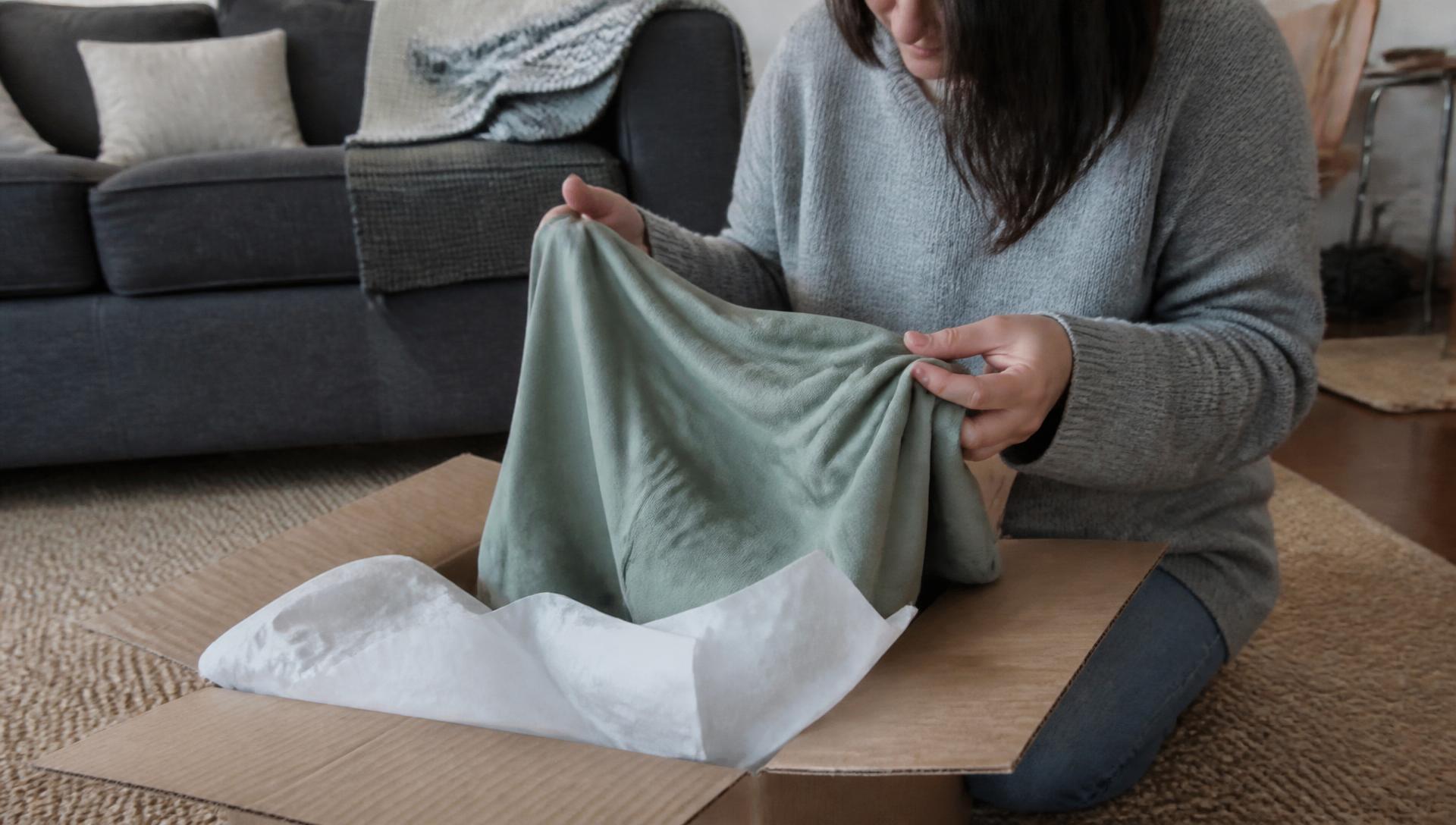 Assise sur le tapis de son salon, une personne déplie un vêtement qu'elle vient de sortir d'un carton ouvert, papier de soie encore en place.