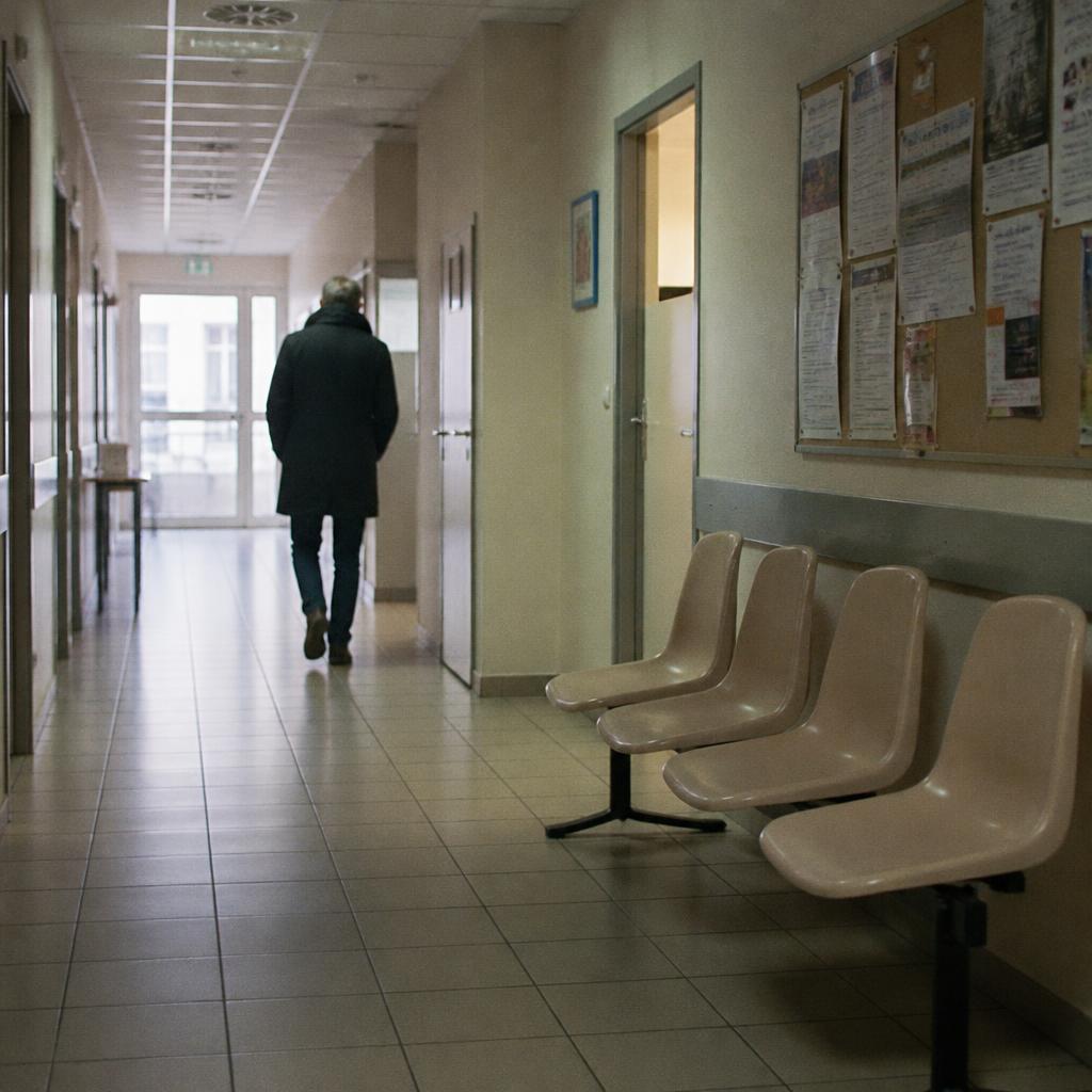 Couloir d'accueil d'un service social de proximité, rangée de chaises vides et panneau d'affichage, une personne s'éloignant au fond.
