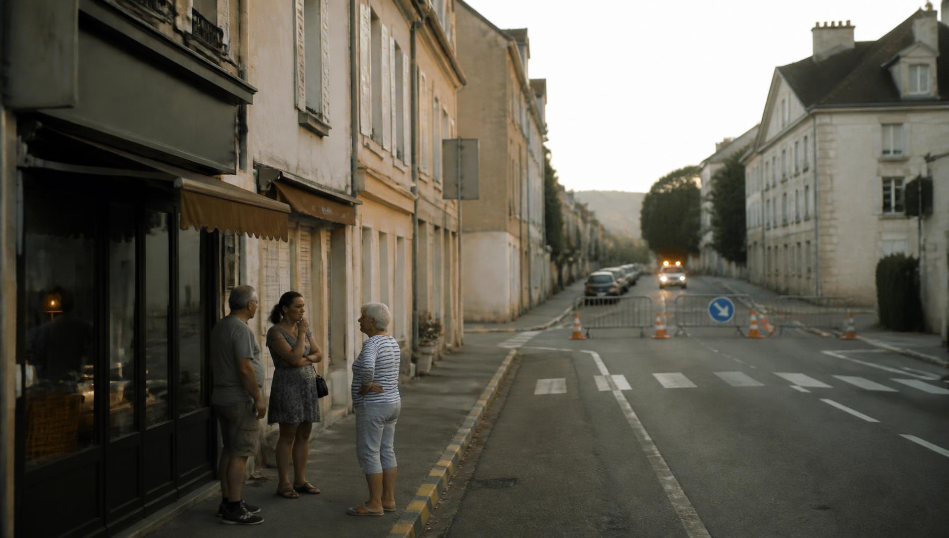 Rue d'une petite ville en fin de journée : trois habitants discutent sur le trottoir devant un commerce, une portion de chaussée est fermée plus loin par des barrières.