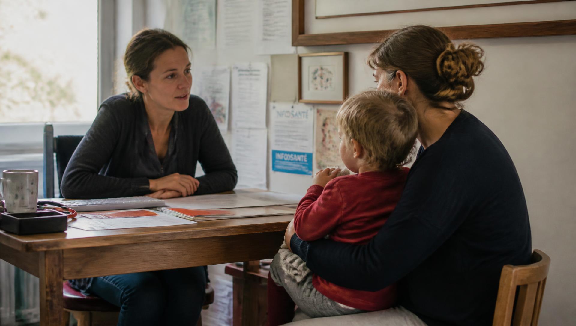 Dans un cabinet de médecine générale, une médecin échange avec un parent tenant un jeune enfant sur ses genoux.