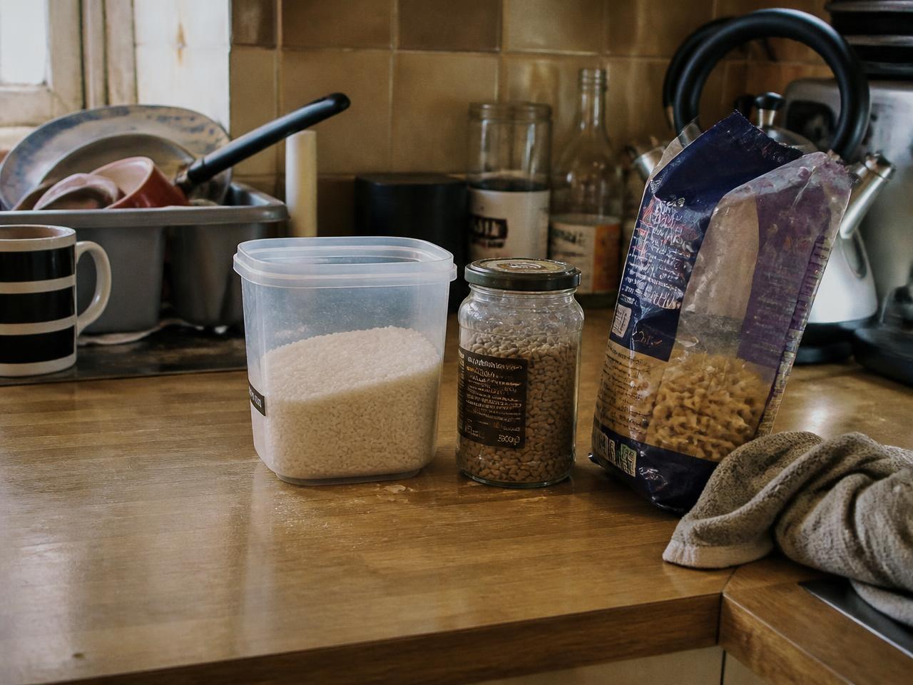 Plan de travail d'une cuisine ordinaire : une boîte plastique de riz, un bocal de lentilles réemployé et un paquet de pâtes préemballé posés côte à côte.