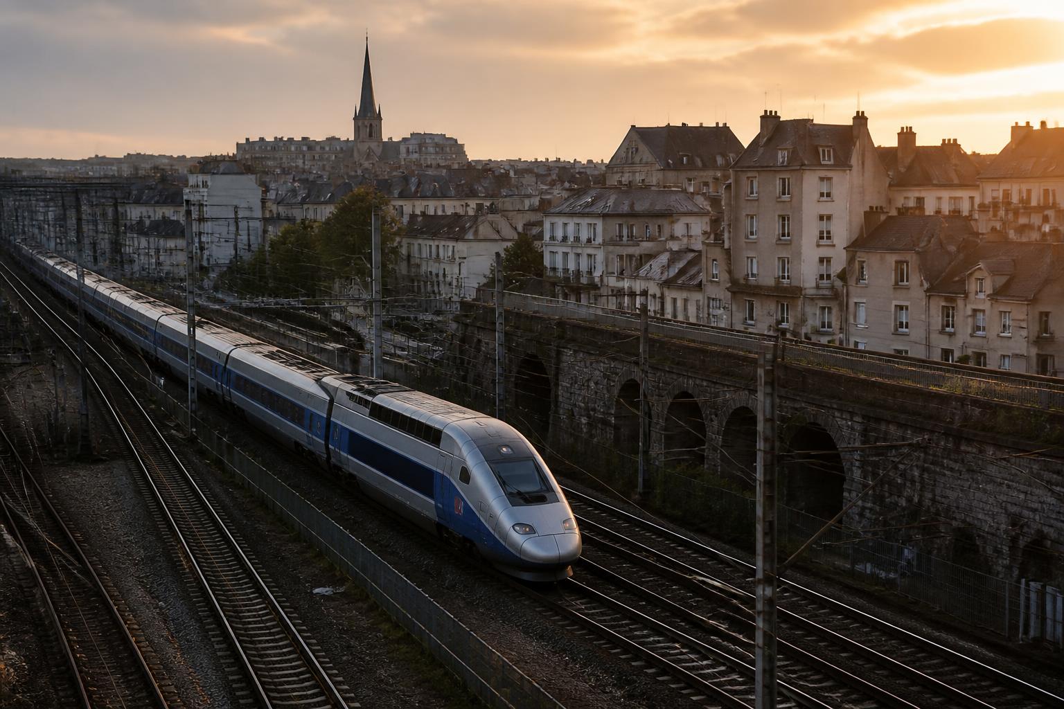 TGV train passing through a French city at the end of the day